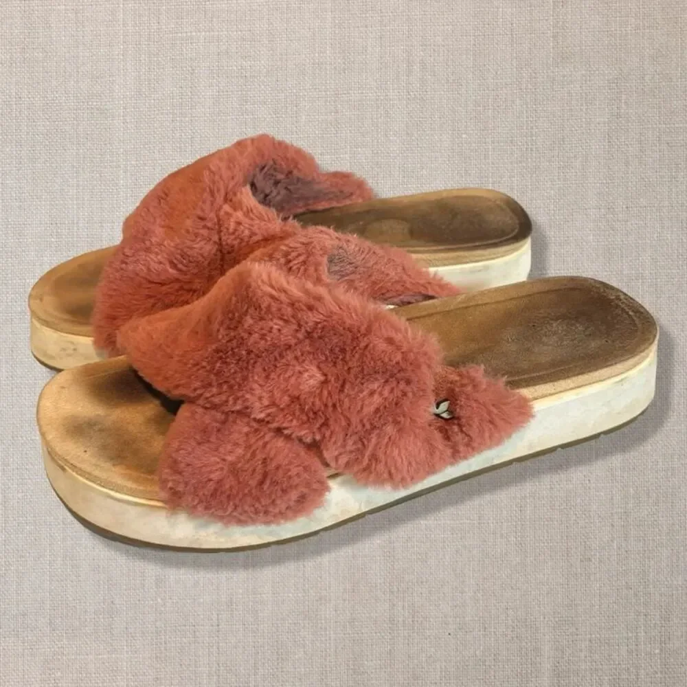 Koolaburra by UGG Roubie Fuzz Platform Slide Sandals Pink Faux Fur US 8